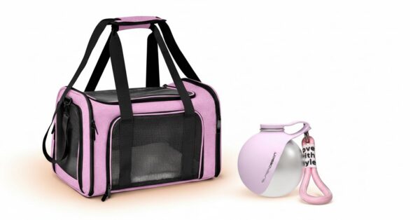 1786-1798 Transportadora rosa com garrafa portátil para cão