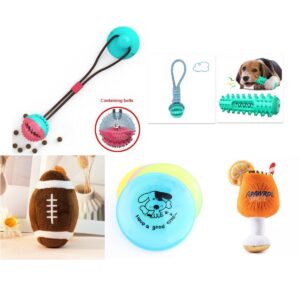 Conjunto de 6 brinquedos para cão: bola de mastigar, corda, pau dentário, peluche, frisbee e brinquedo com som