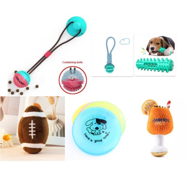 3988e2fc-bc81-4da6-8978-28272bbfabd6.jpg Conjunto de 6 brinquedos para cão: bola de mastigar, corda, pau dentário, peluche, frisbee e brinquedo com som
