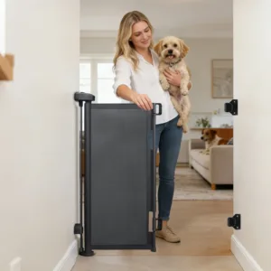 Barreira de segurança extensível montada numa passagem, ao lado de mulher com cão pequeno ao colo
