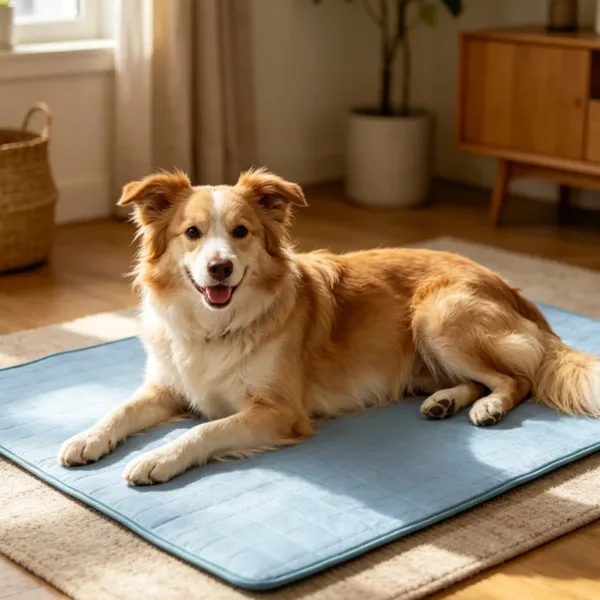 Cão relaxado num tapete refrescante azul, dentro de casa