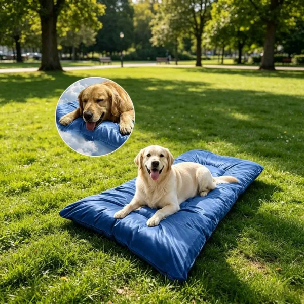 S9d6005e16e8a45488d881babefadb7fcY.webp Cão relaxado numa cama refrescante azul ao ar livre num parque