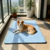 Cão deitado num tapete refrescante azul numa varanda