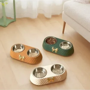 Comedouro duplo com taças metálicas para cão e gato