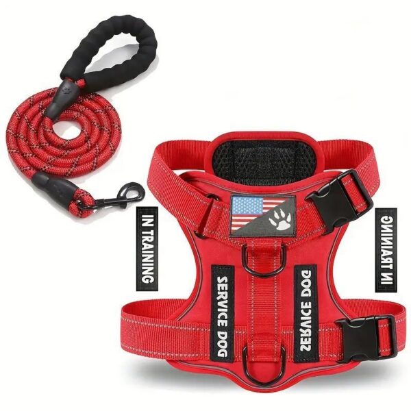 c53fb55a-211a-4b9a-8e25-1425b9406c68.jpg Arnês tático acolchoado vermelho com trela em corda entrançada para cão
