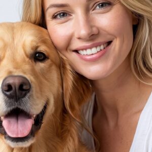 Mulher com cão após banho com champô anti-pulgas