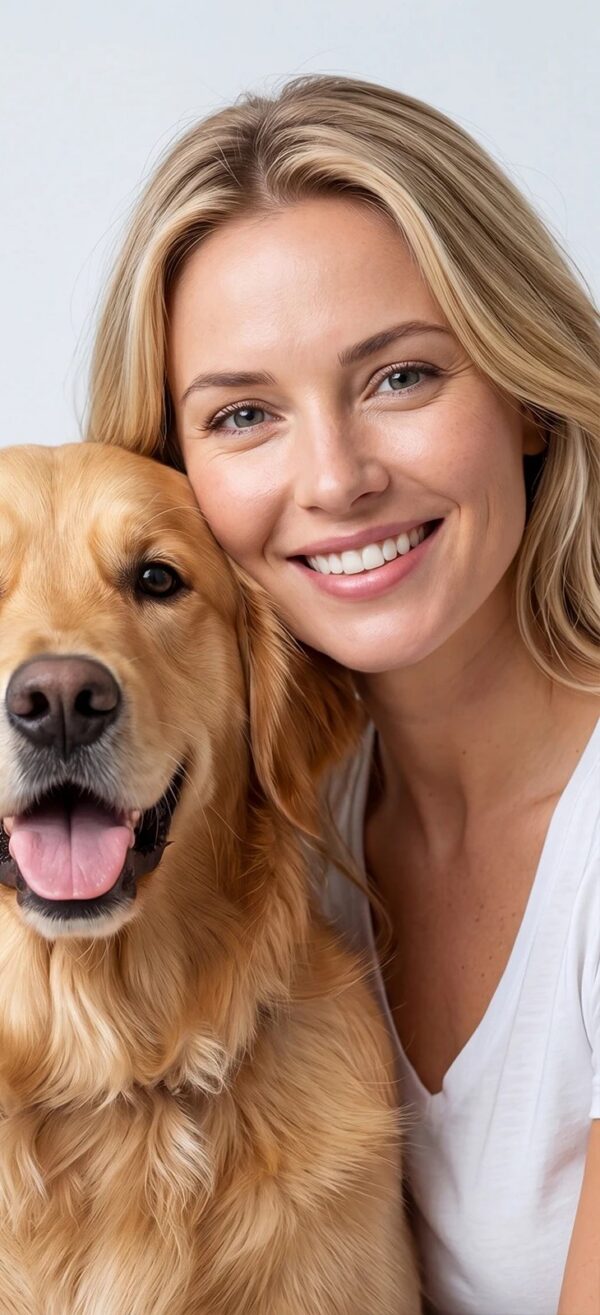 Mulher com cão após banho com champô anti-pulgas
