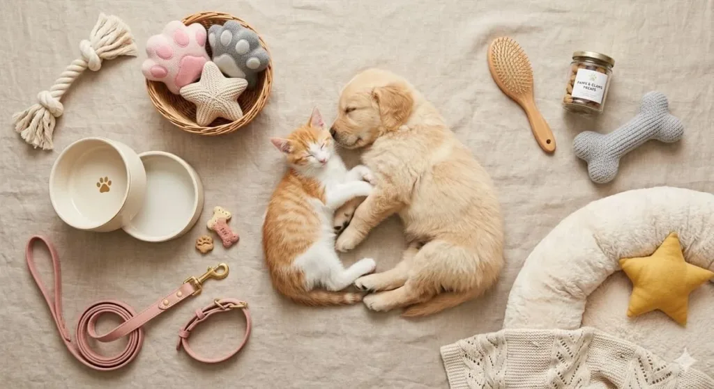 Cão e gato juntos numa área preparada com acessórios de cuidados para animais