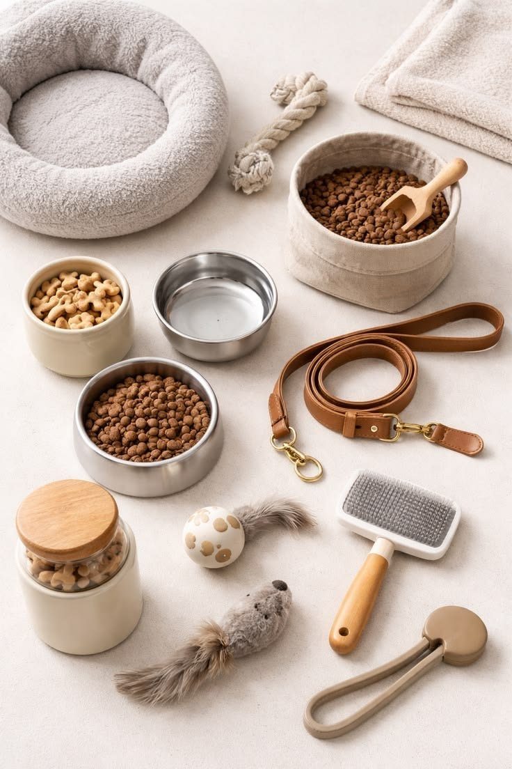 Cama, taças com ração, trela, escova e brinquedos para cão e gato dispostos numa superfície clara