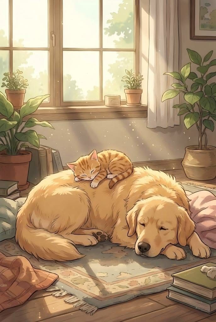 Golden retriever a dormir com um gatinho laranja aninhado nas suas costas numa sala soalheira