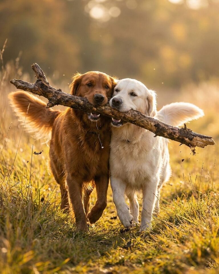 Dois golden retrievers a correr num campo ao pôr do sol a segurar o mesmo pau