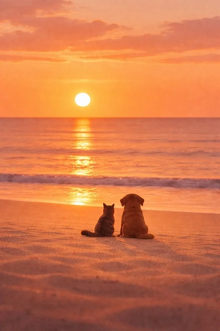 Cão e gato juntos ao pôr do sol