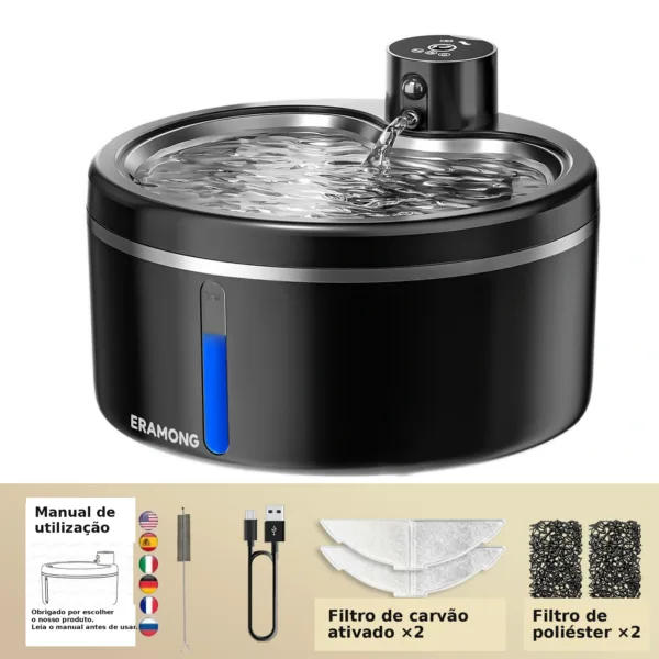 Fonte de água para gatos com manual de utilização, cabo USB-C e filtros traduzidos