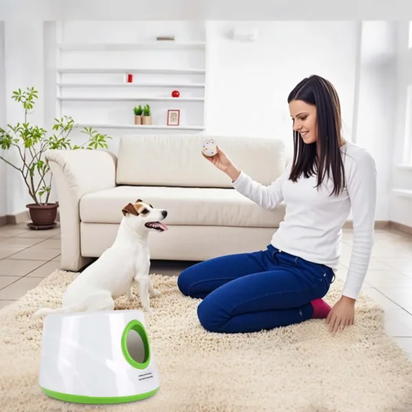 Aa9e3866103a749f88093b6c085cc06bbs.webp Dona a brincar com o cão e o lançador automático de bola Bafinho em casa