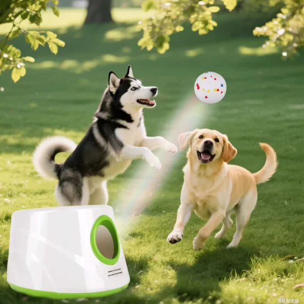 Abd5eb59ff65e47539a9c4491e8c71c44x.webp Cães a brincar com o lançador automático de bola Bafinho no jardim