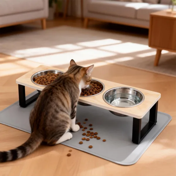 Comedouro Elevado Triplo e Tapete para Gato