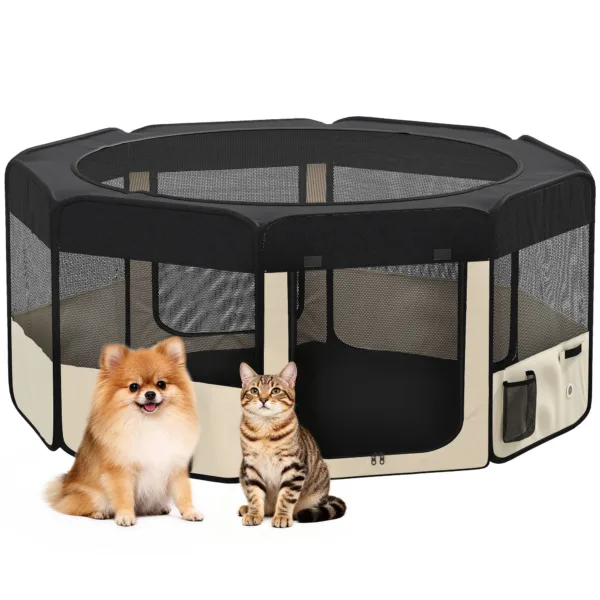 Parque dobrável octogonal para cão e gato, com cão pequeno e gato