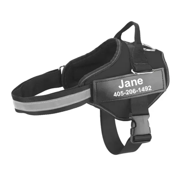Arnês tático preto com placa personalizada para cão