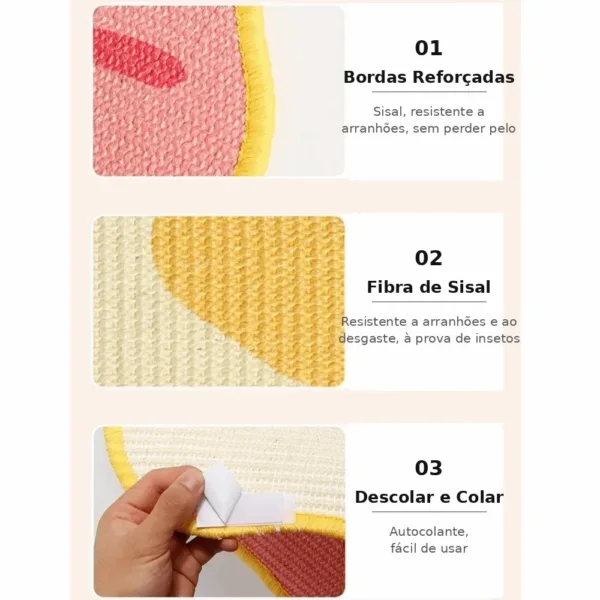 Painel com características do arranhador: bordas reforçadas, fibra de sisal, autocolante