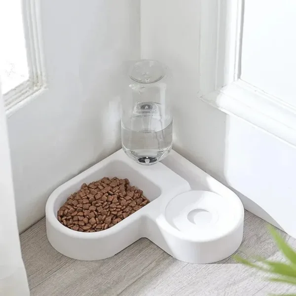 Comedouro e bebedouro em forma de coração, com ração e água, num canto de casa