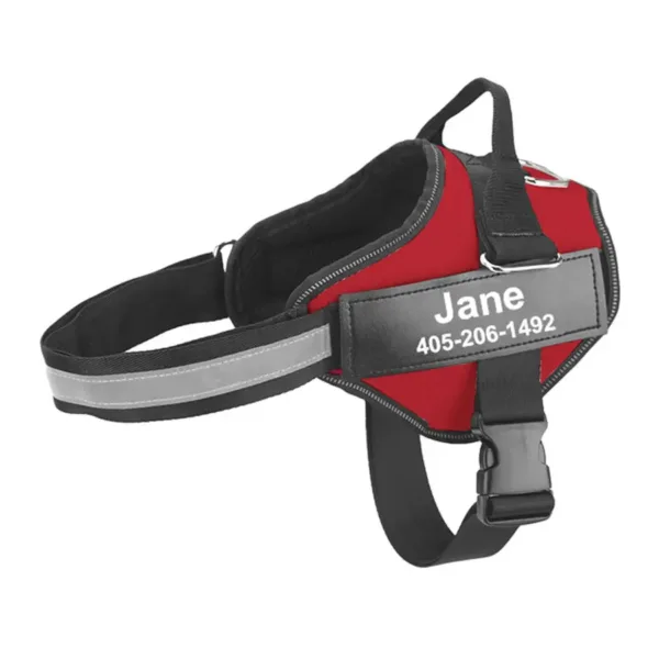 Arnês tático vermelho com placa personalizada para cão