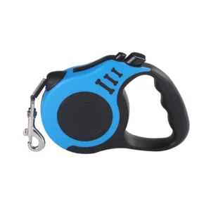 Trela retrátil automática azul para cão, com pega ergonómica preta