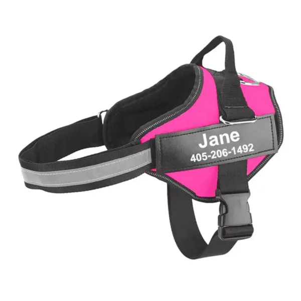 Arnês tático rosa com placa personalizada para cão