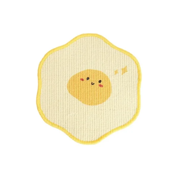 Arranhador de parede em sisal amarelo com desenho de ovo estrelado