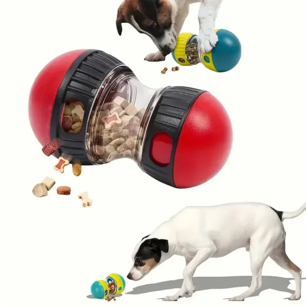 Cão a brincar com o dispensador de petiscos vermelho