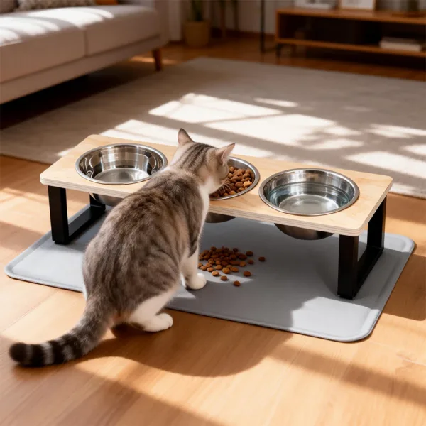 Comedouro Elevado Triplo e Tapete para Gato