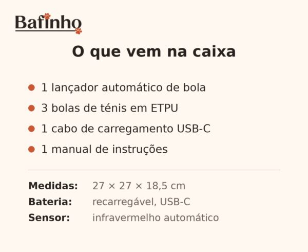 Lançador automático Bafinho - conteúdo da embalagem Conteúdo da embalagem do lançador automático Bafinho