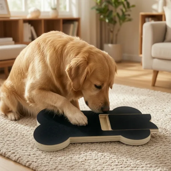 Cão a utilizar a tábua interativa para desgastar as unhas